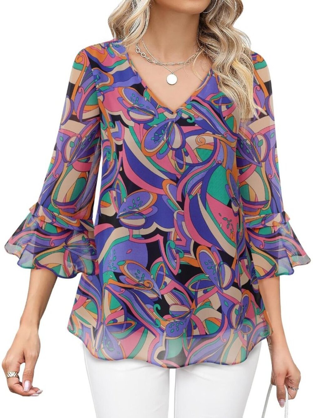 Women's Top Multi Color Casual Ruffle 3/4 Sleeves V Neck Floral Chiffon Blouses